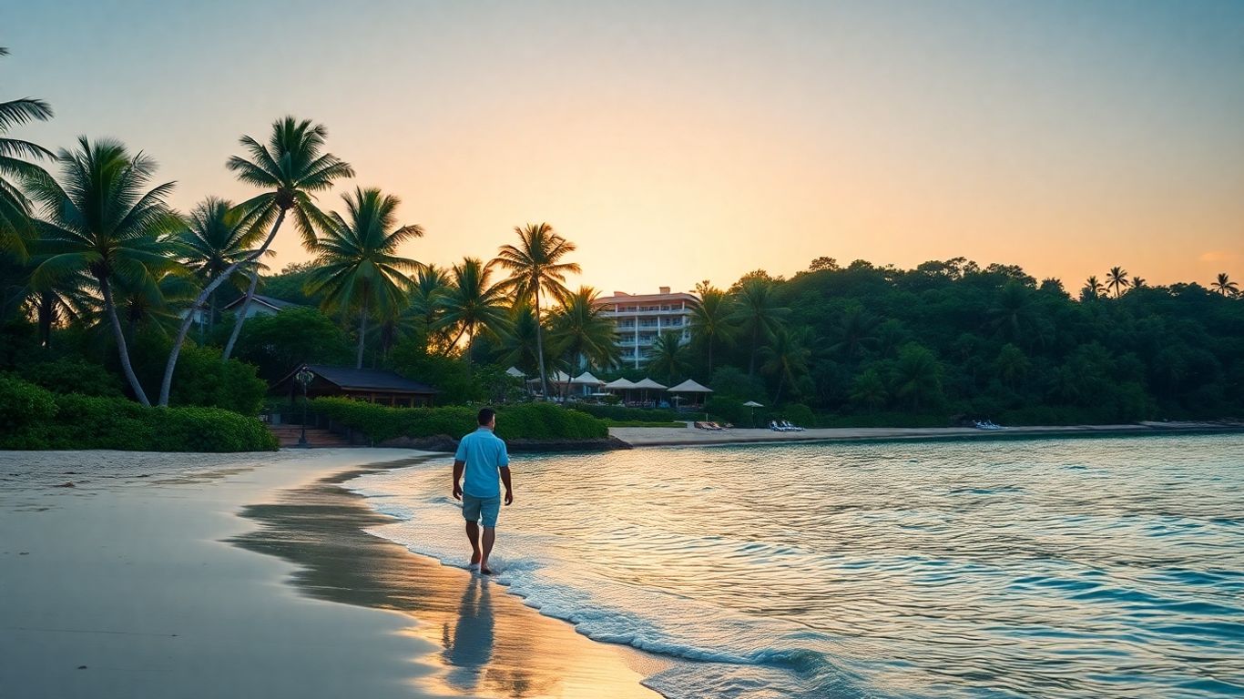 Couple walking on a tropical beach at sunset.