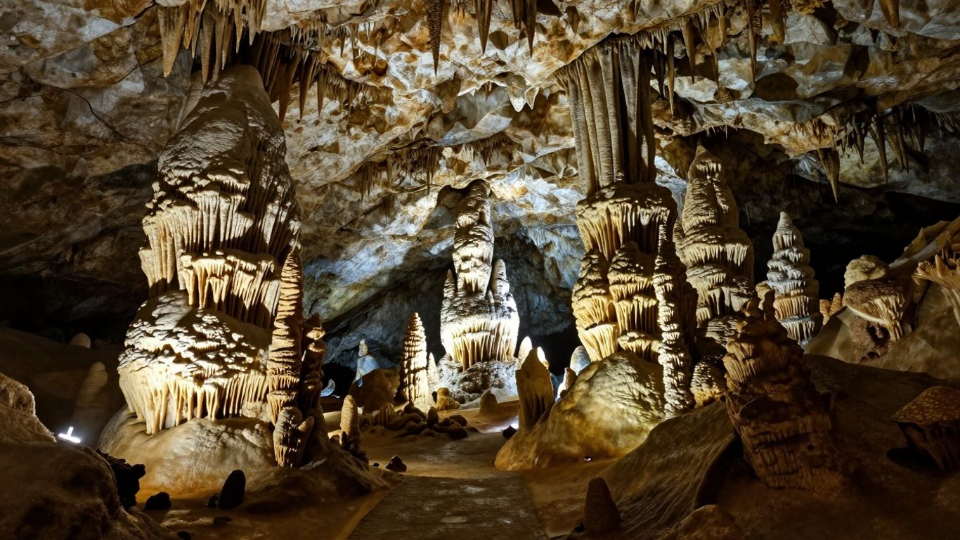 Vast cave with stalactites and stalagmites illuminated by dramatic lighting.