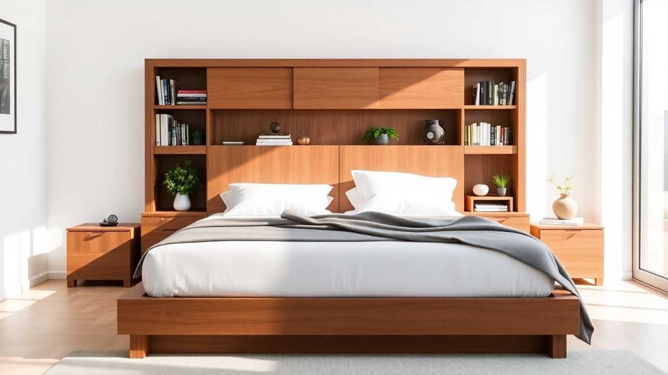 Bed with headboard featuring hidden storage compartments