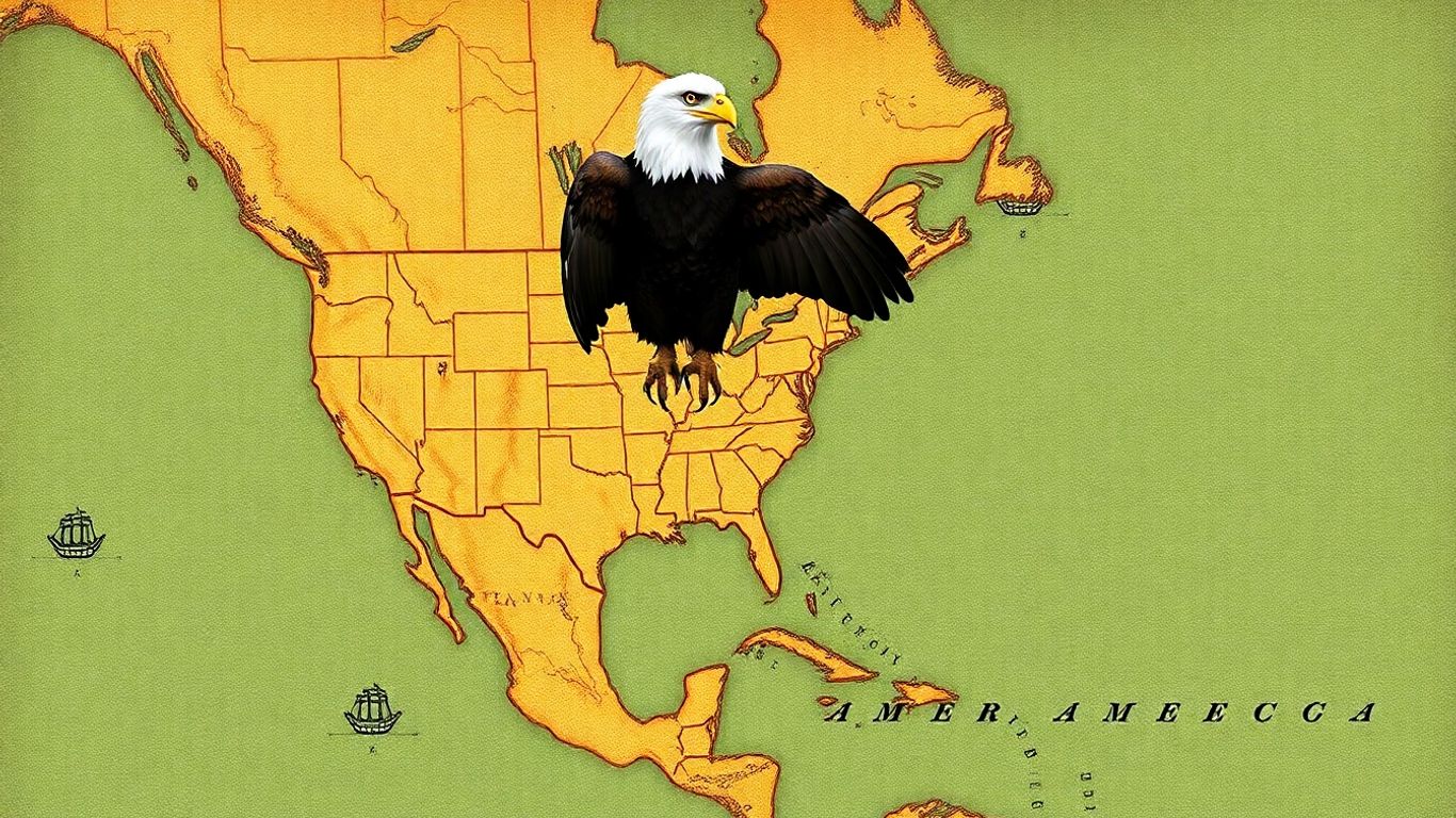 Map of Americas with eagle and distant ships.