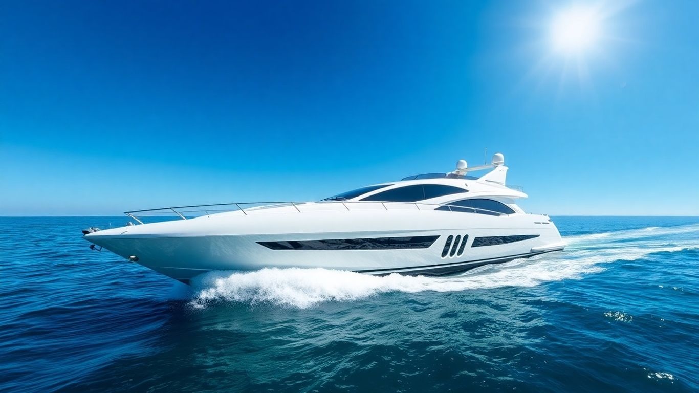 Luxury yacht sailing on clear blue water.