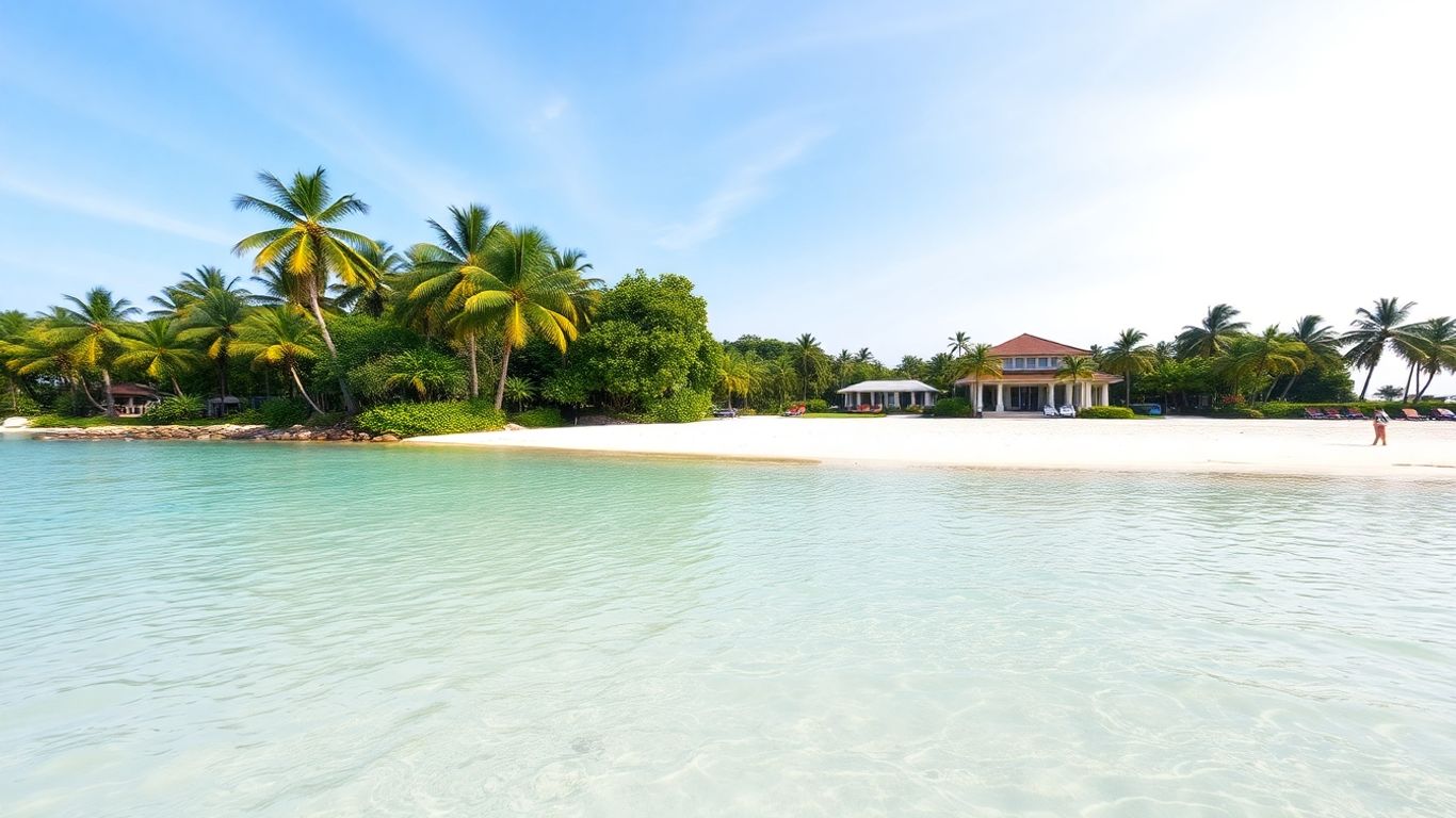 Peaceful Phuket beach with palm trees and calm turquoise sea.