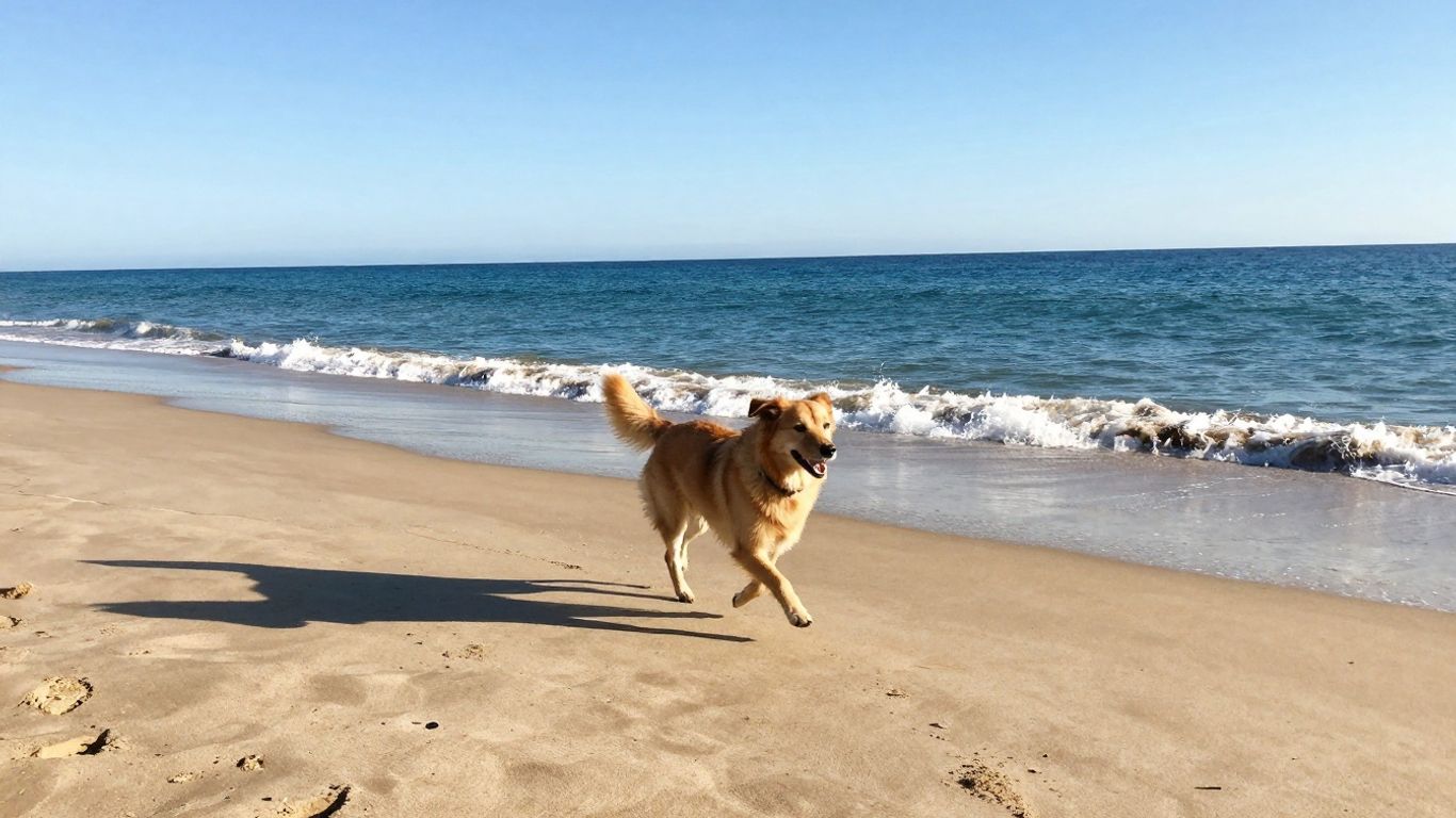 Hond rent op zonnig strand bij zee.