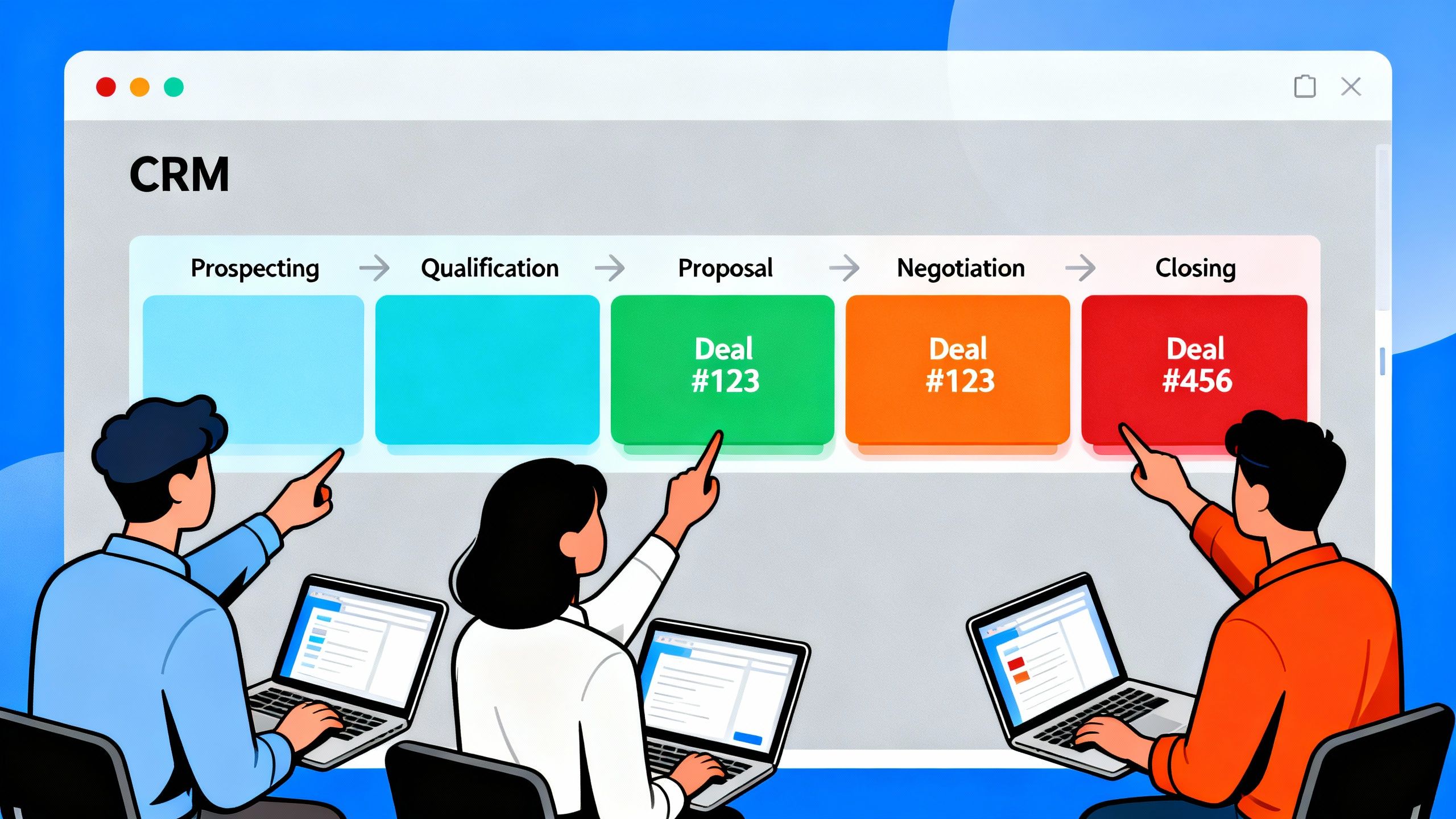 Conceptual illustration of a visual sales pipeline, with startup team reviewing and moving deals through stages in a generic CRM platform