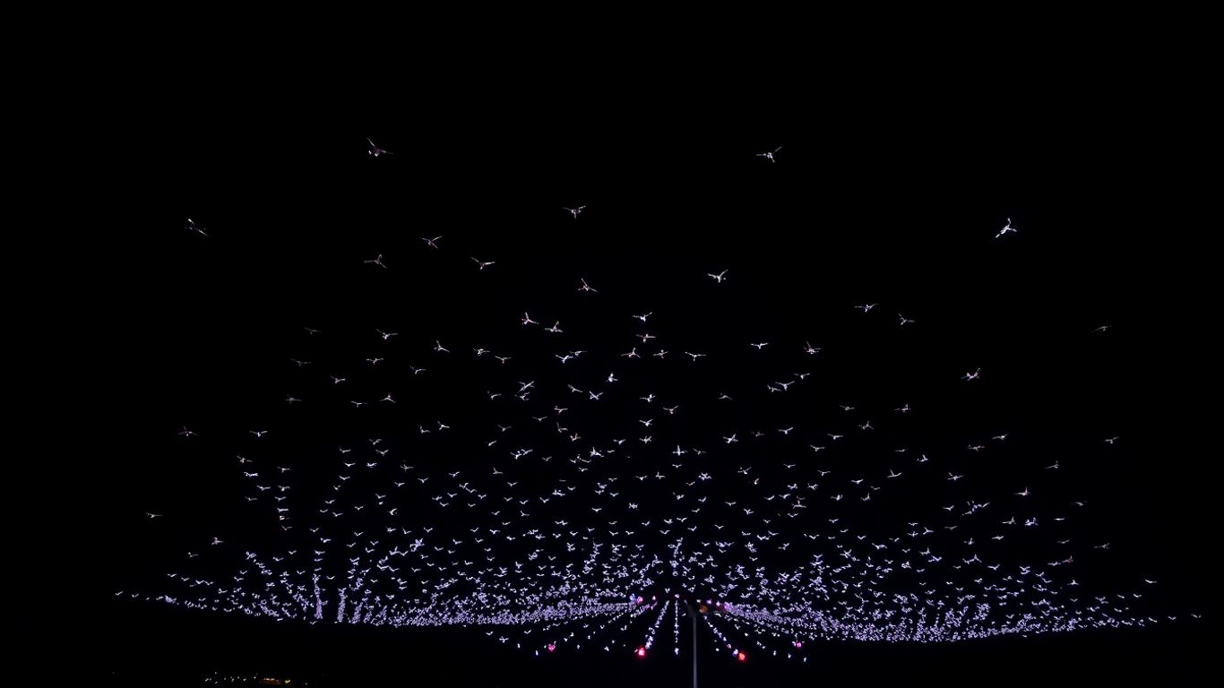 Pertunjukan drone malam hari di langit Indonesia