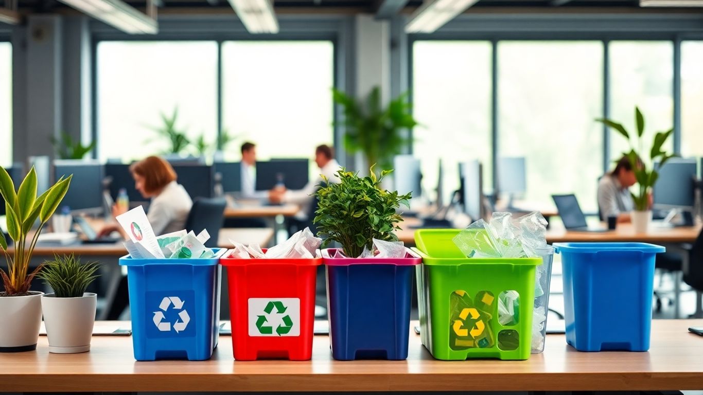 Angajați reciclează la birou cu coșuri colorate