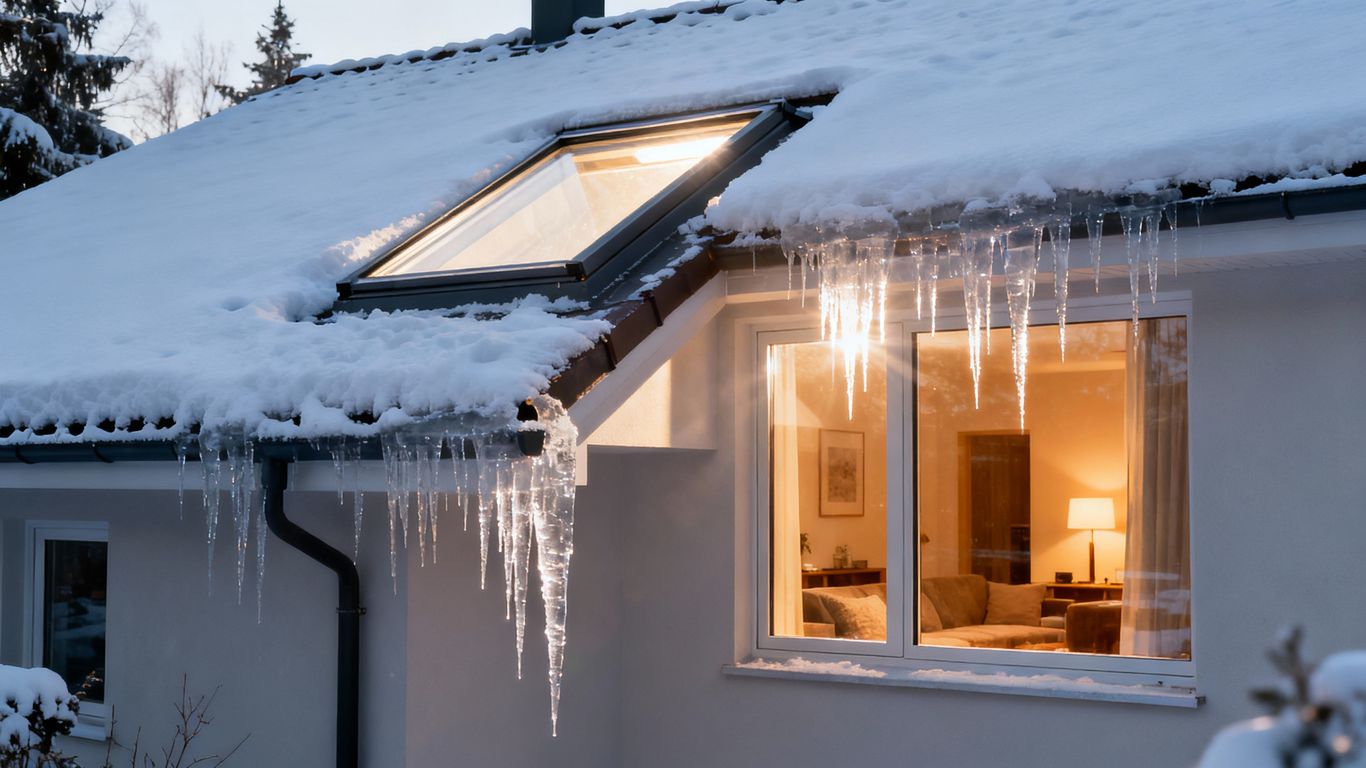 Winter roof with skylight and interior view.
