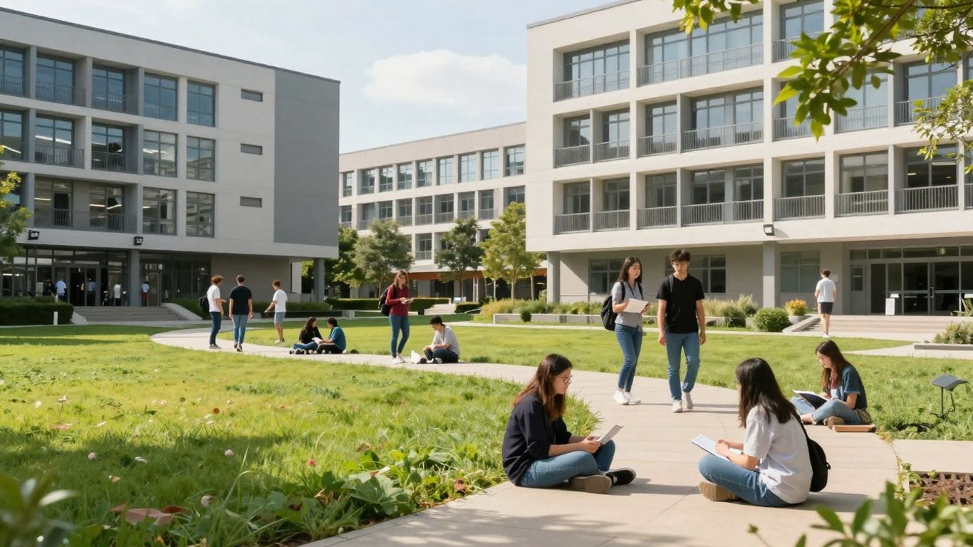 University campus with students and modern buildings.