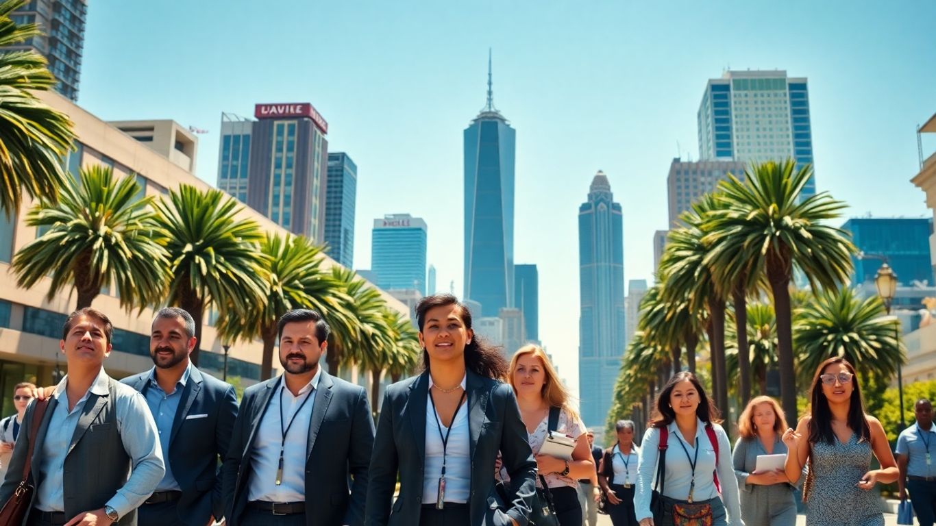 Los Angeles cityscape with professionals on a busy street.