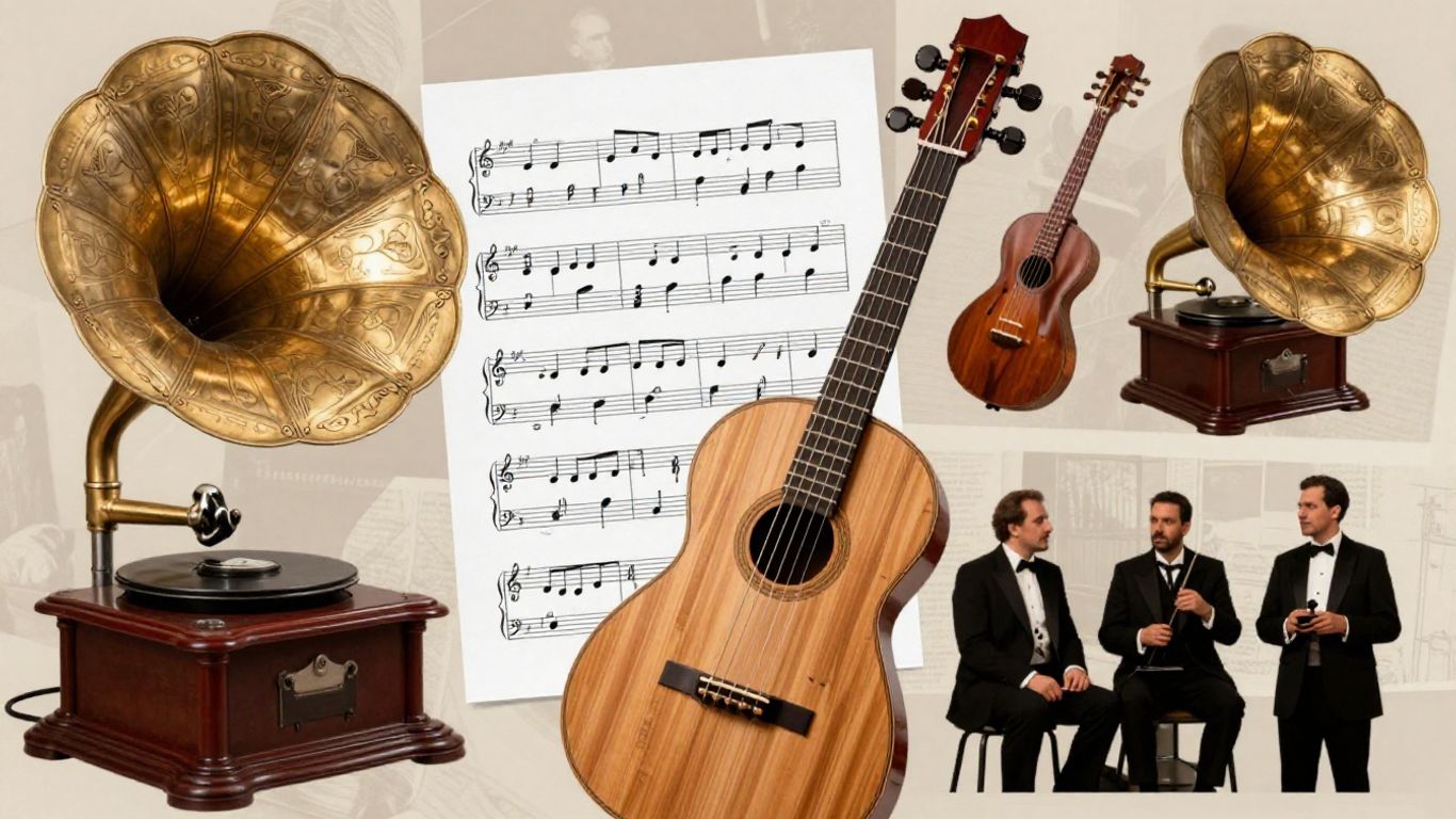 Instrumente muzicale românești și partituri vechi.