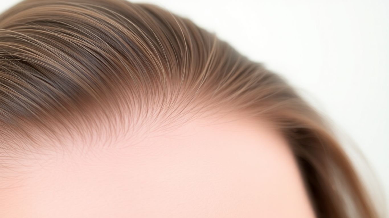 Woman's scalp showing thinning hair and healthy hair strands.