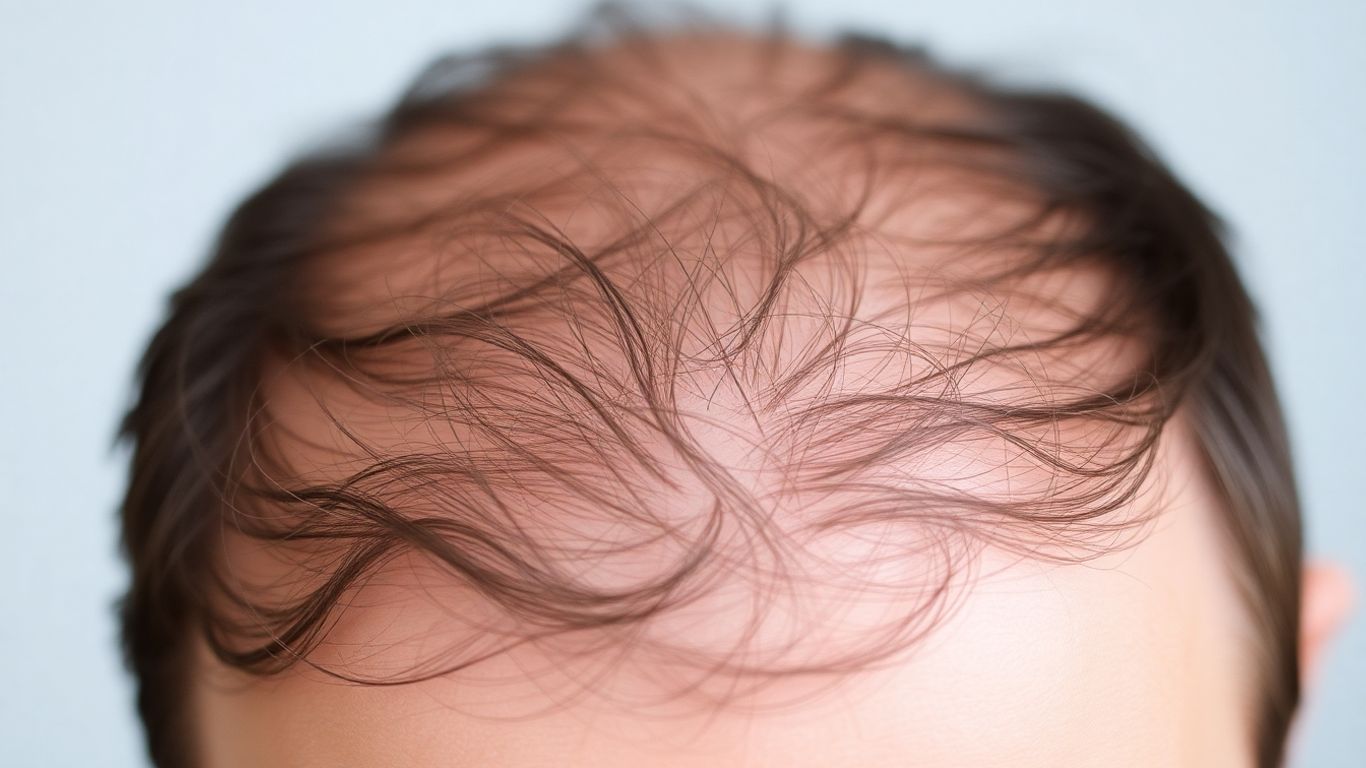 Person's scalp with thinning hair and scattered strands.