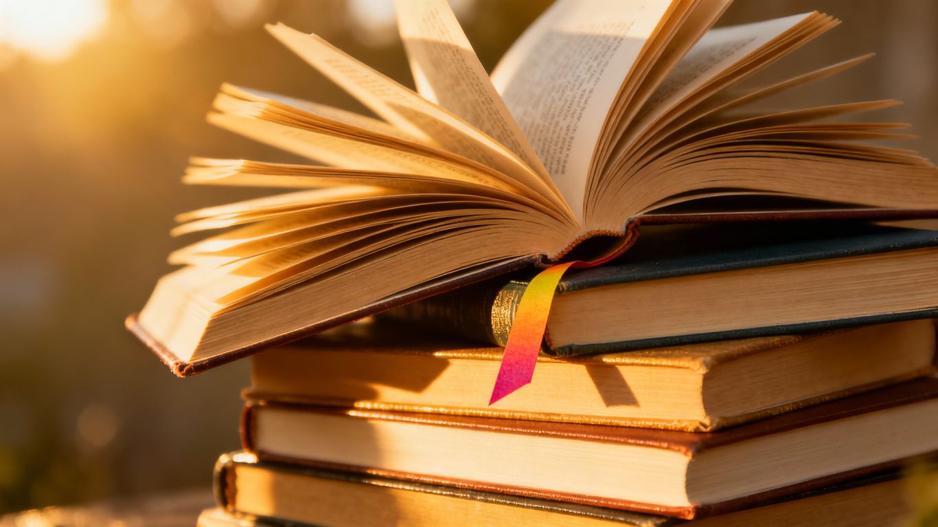 Stack of open books with sunlight and a bookmark.