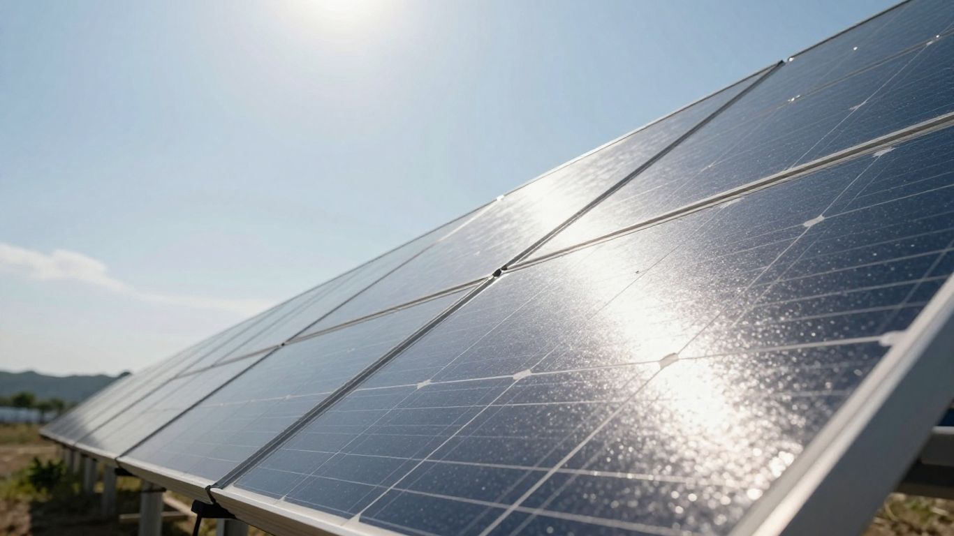 Panneaux solaires sous un ciel ensoleillé, gros plan.