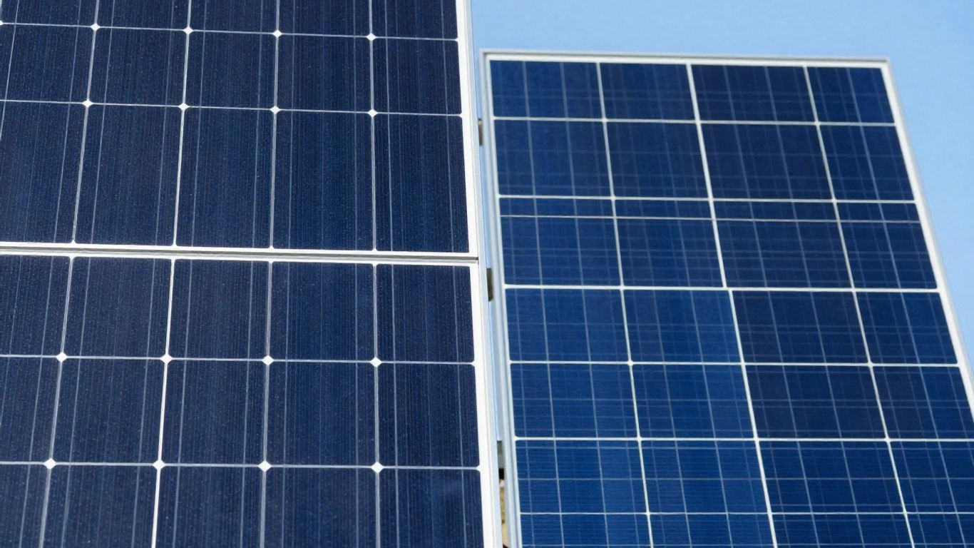 Monocrystalline and polycrystalline solar panels side by side.