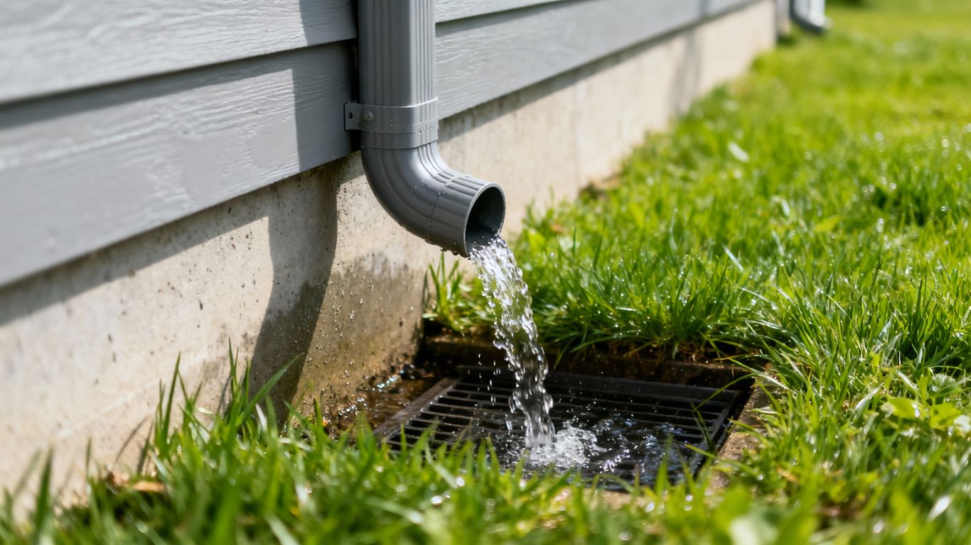House gutters directing water away from foundation.