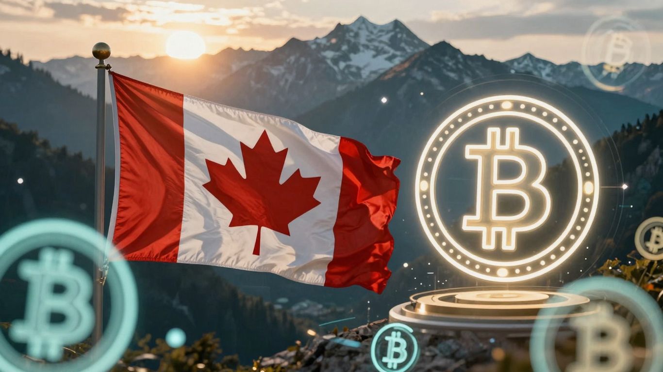 Canadian flag and crypto icons in a digital landscape.