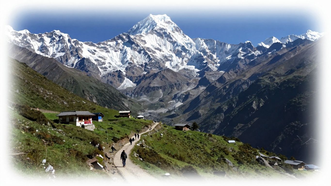 Annapurna trekking path with mountains and teahouses.