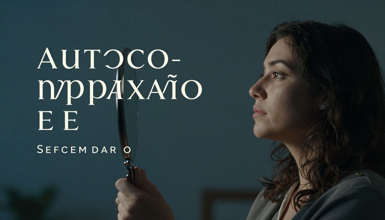 Imagem de capa mostrando uma pessoa refletindo positivamente diante de um espelho, transmitindo autocompaixão e serenidade