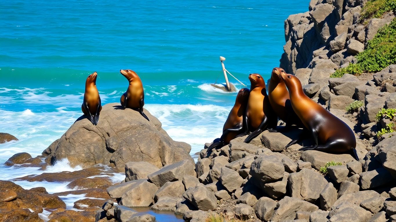 Sieben Robben spielen auf Klippen am Meer.