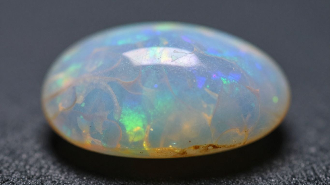 Polished opal gemstone with iridescent colors on dark surface.