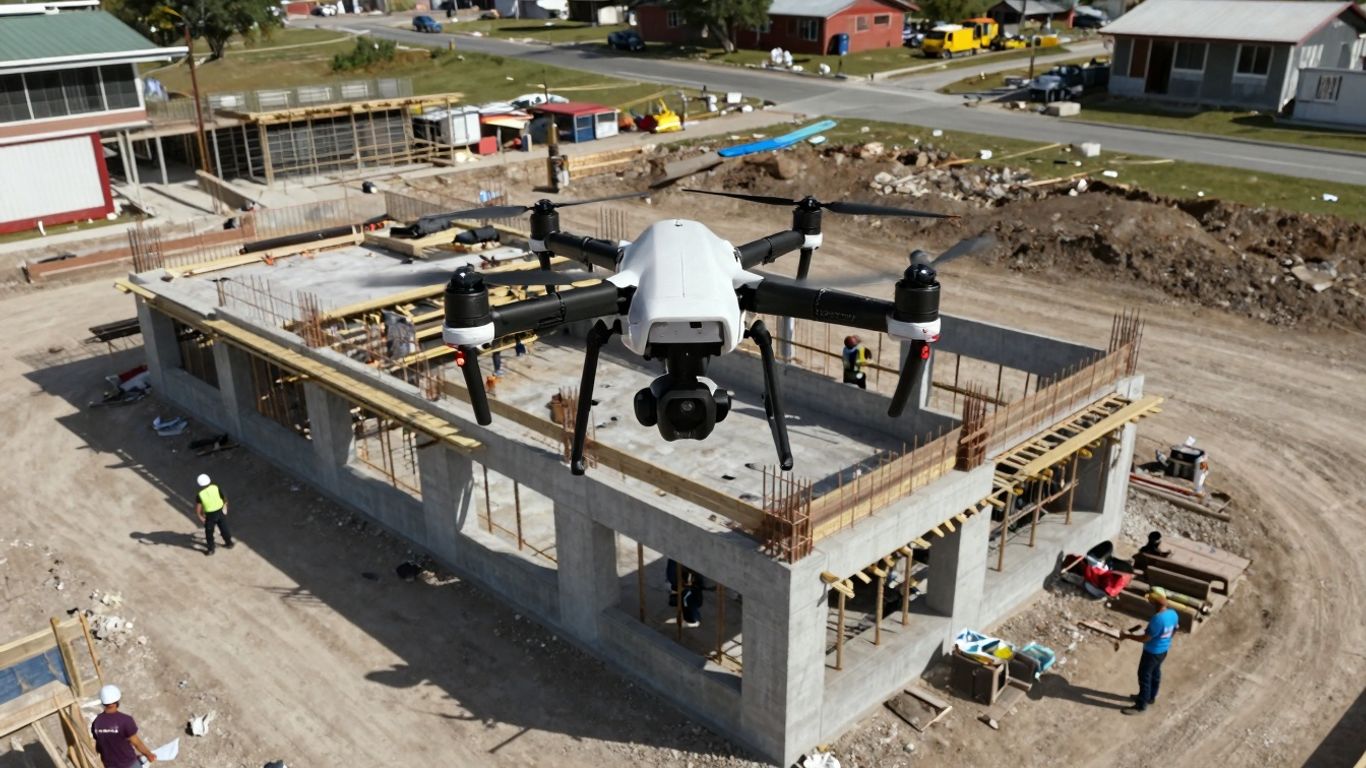 Drone flying over a construction site.