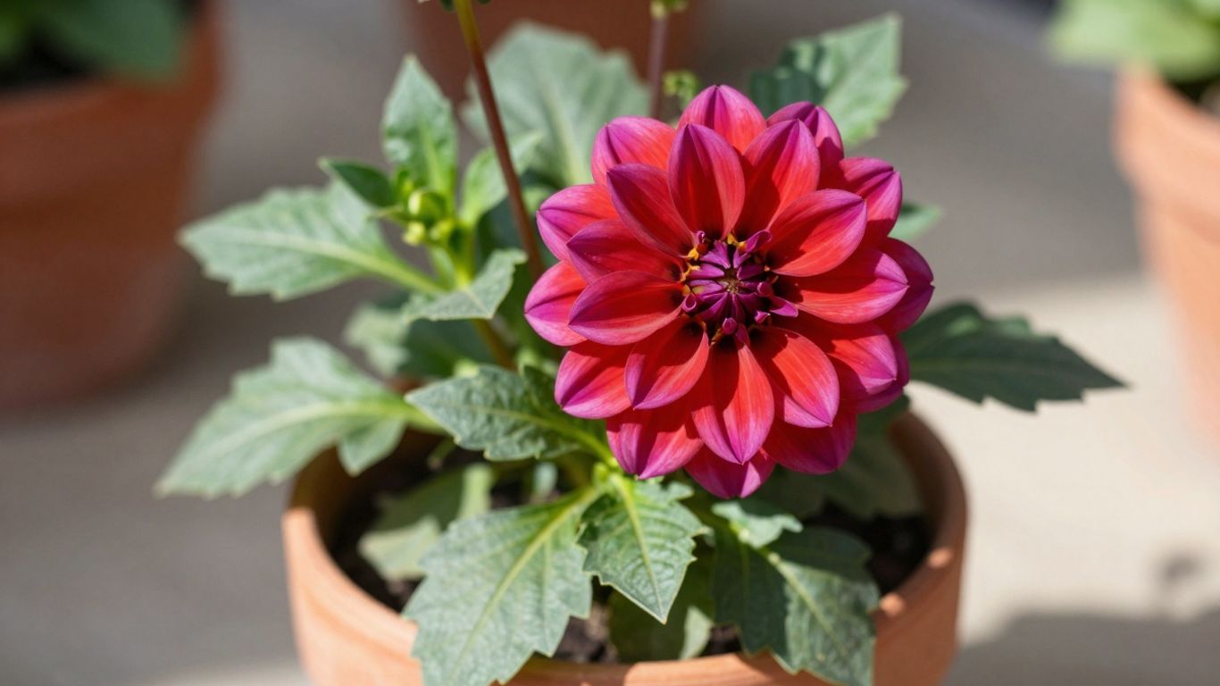 Dahlia bloeit in pot na het poten