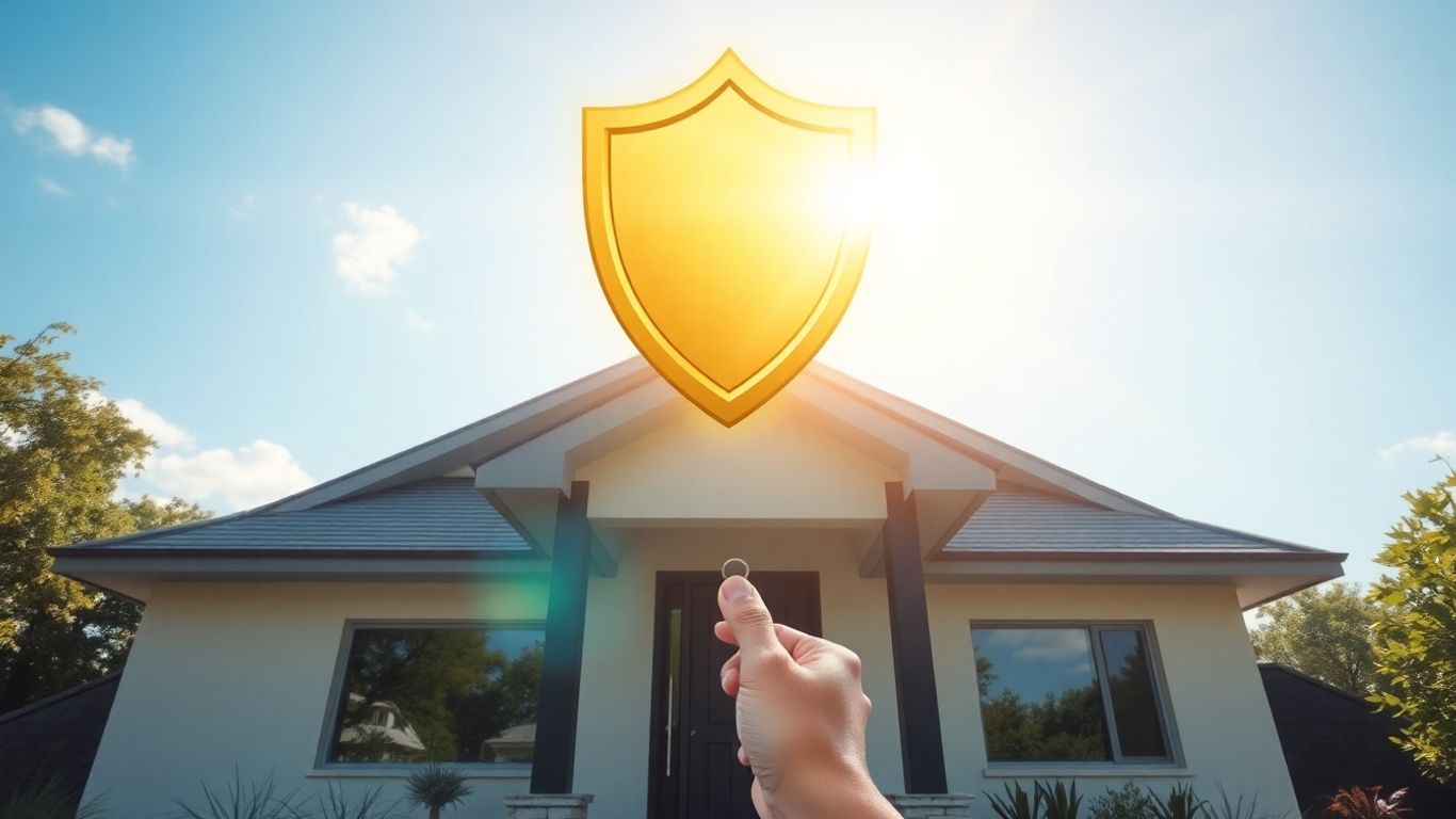 Casa con escudo protector y llave en la cerradura.