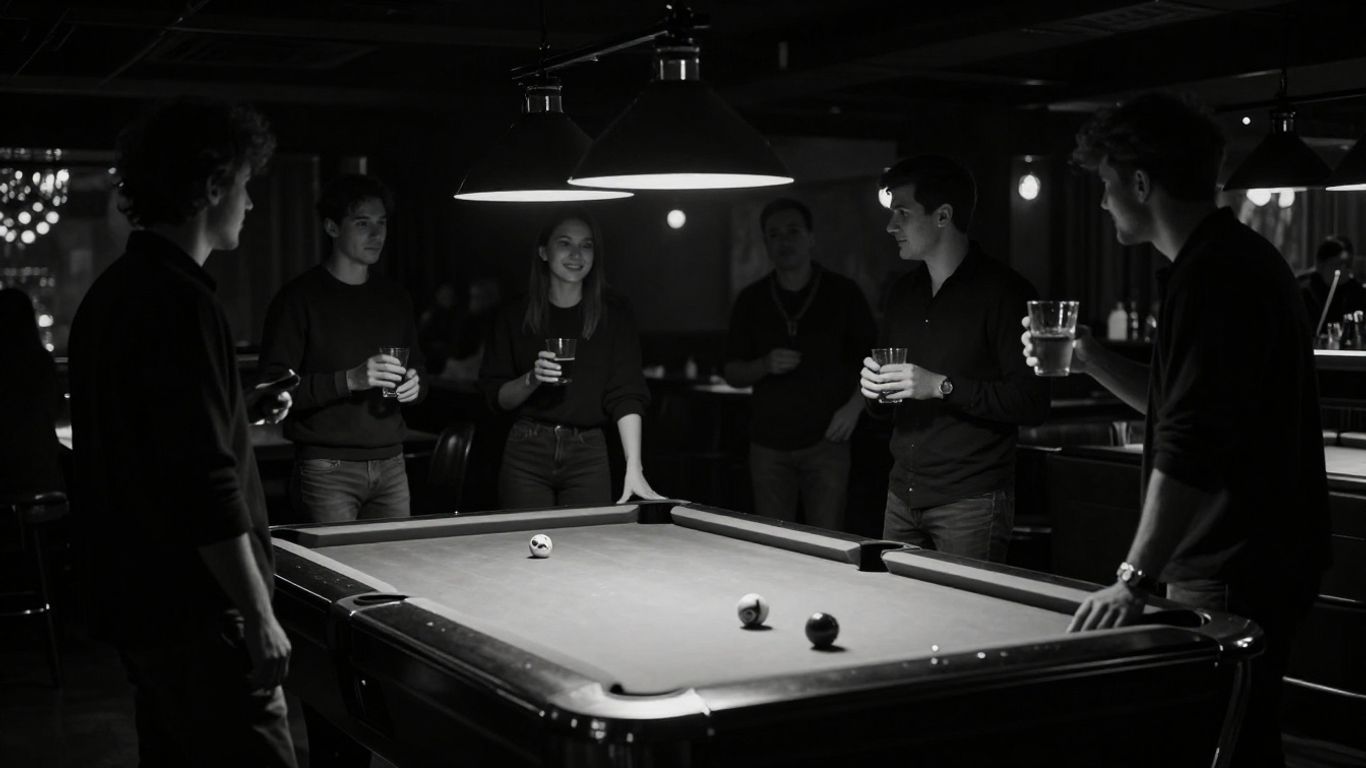 Pool table in a lively bar with people playing.