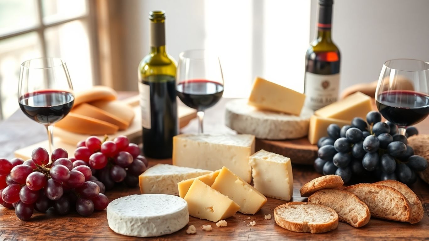 Fromages français, vin rouge, raisins et pain sur une table.