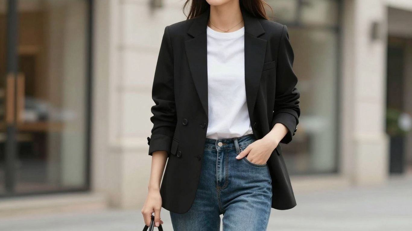 Femeie în ținut casual elegant, inspirat din modă.