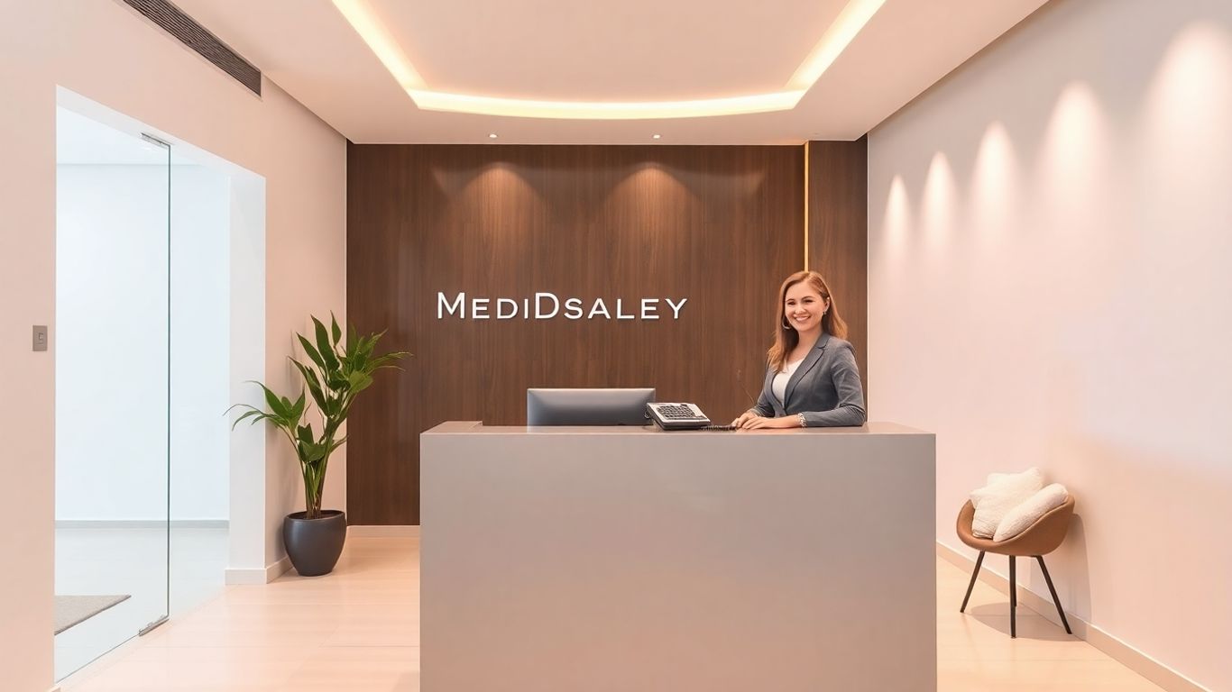 Medspa receptionist answering a phone call at a desk.