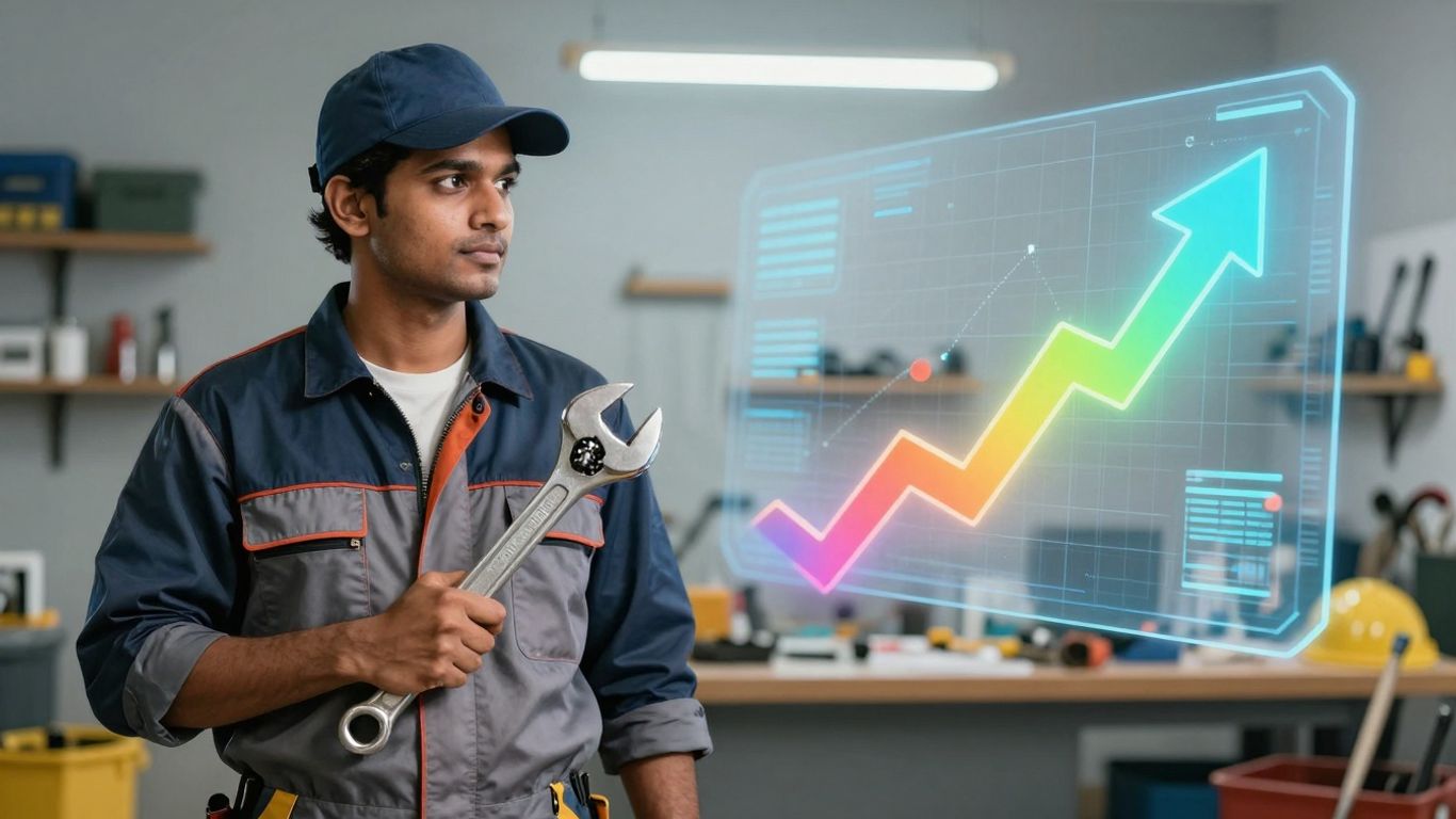 Plumber and growth arrow on digital background.