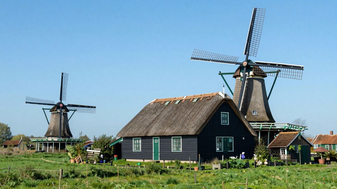 Charming Dutch cottage and windmill in a green field.