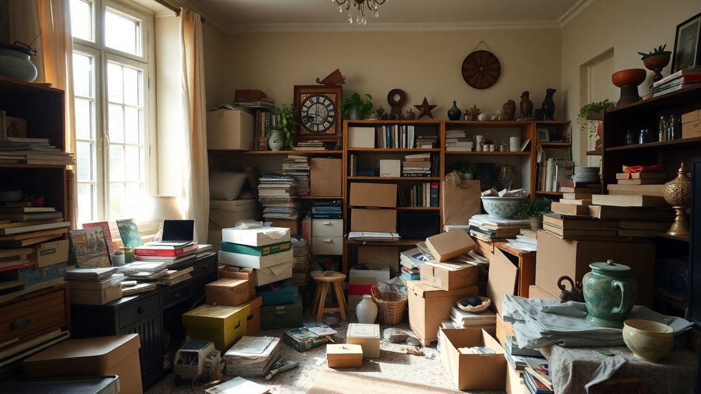 Intérieur d'une maison belge encombrée à vider.