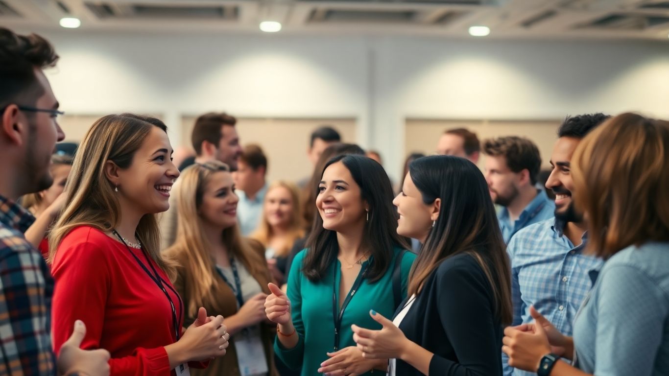 People networking and conversing at a group event.