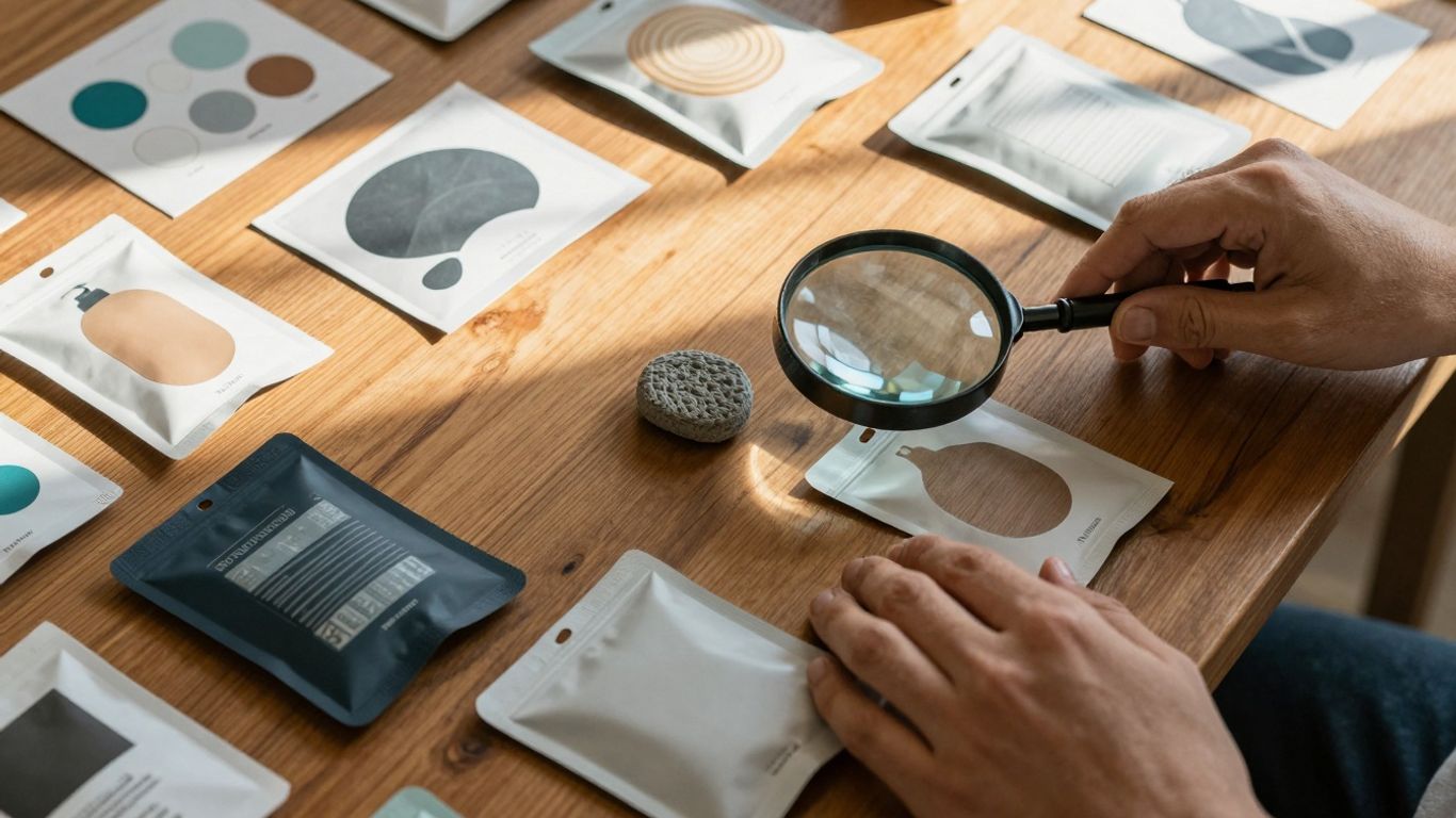 Product samples and packaging prototypes on a table.