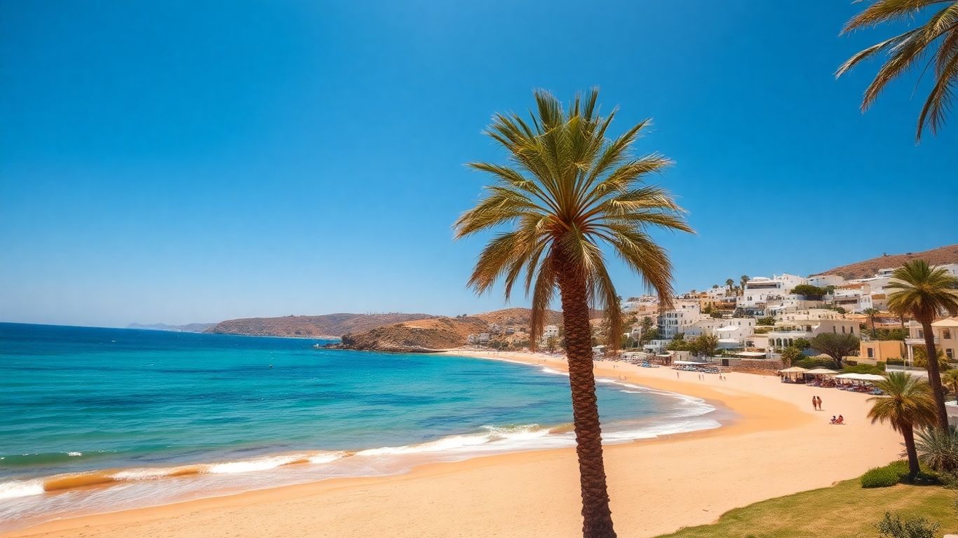 Sunny Mediterranean coast with clear blue water.