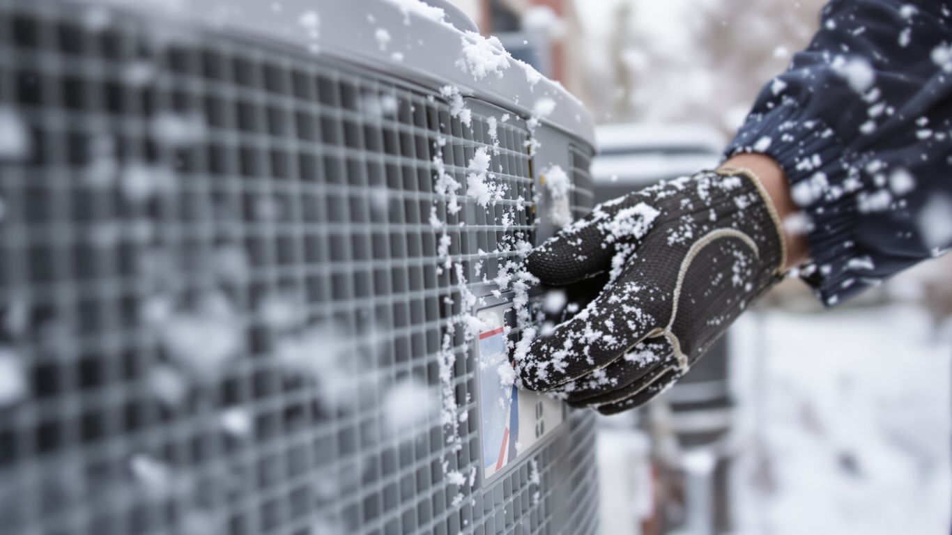 HVAC unit with technician preparing for winter.