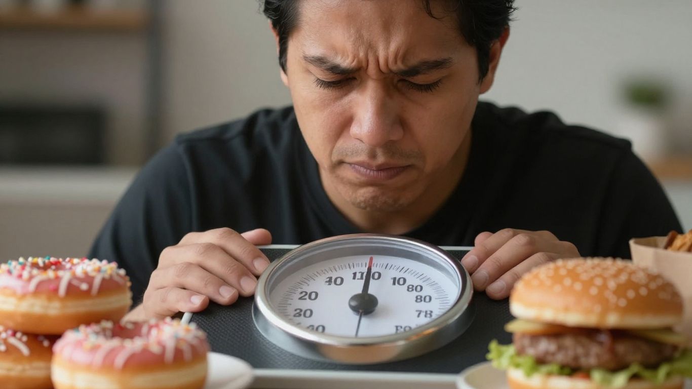 Pessoa frustrada com comida e balança.