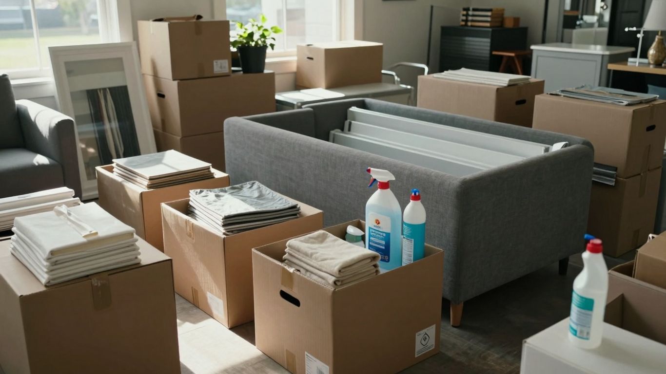 Organized staging area for Airbnb furnishings and decor.