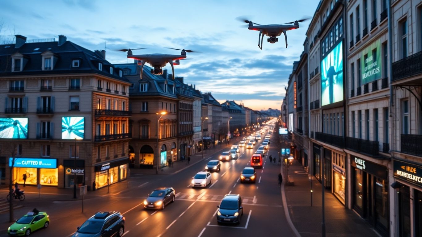 Oraș inteligent cu tehnologie avansată și viață urbană modernă.