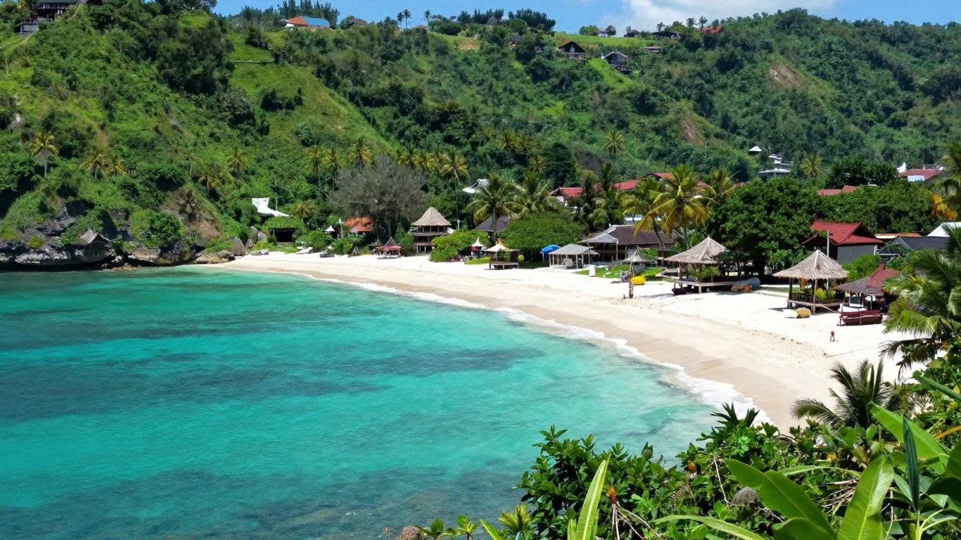 Nusa Tenggara Timur coastal landscape with beaches and hills.