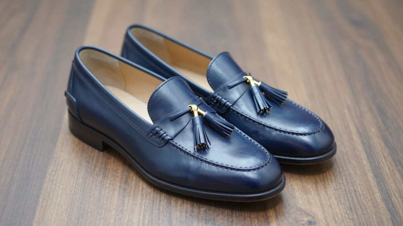 Navy tassel loafers with gold tassels on a wooden surface.