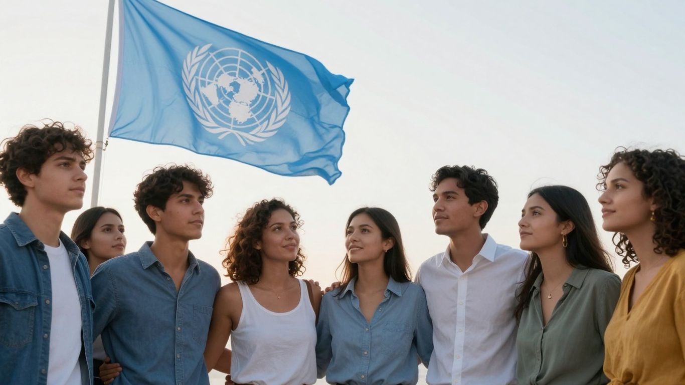 Oameni uniți sub steagul Națiunilor Unite.