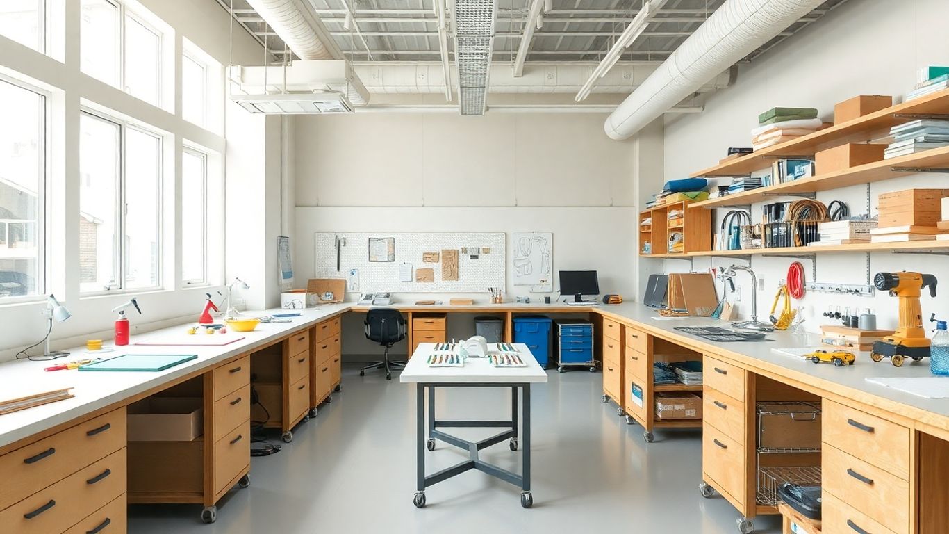 Modern design lab with tools and equipment.