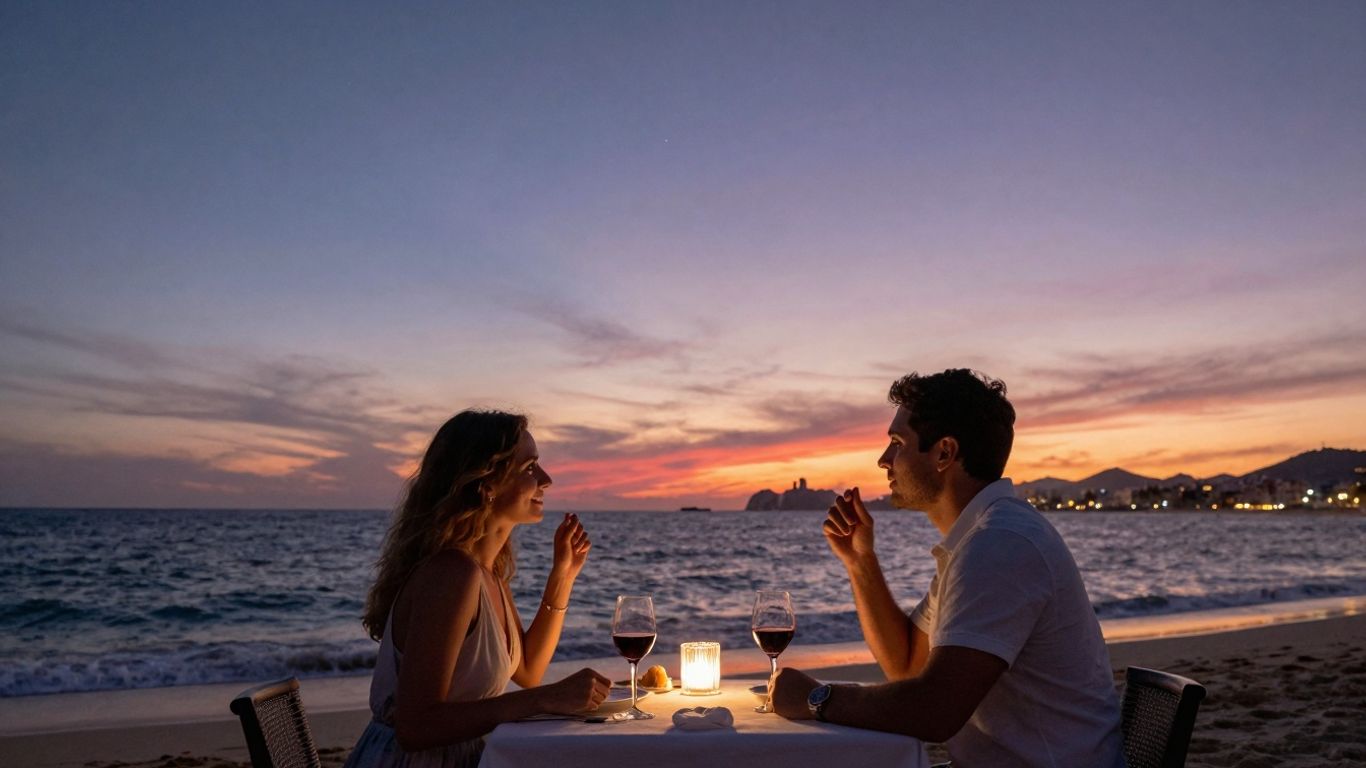 Couple dining romantically on Cabo beach at sunset.