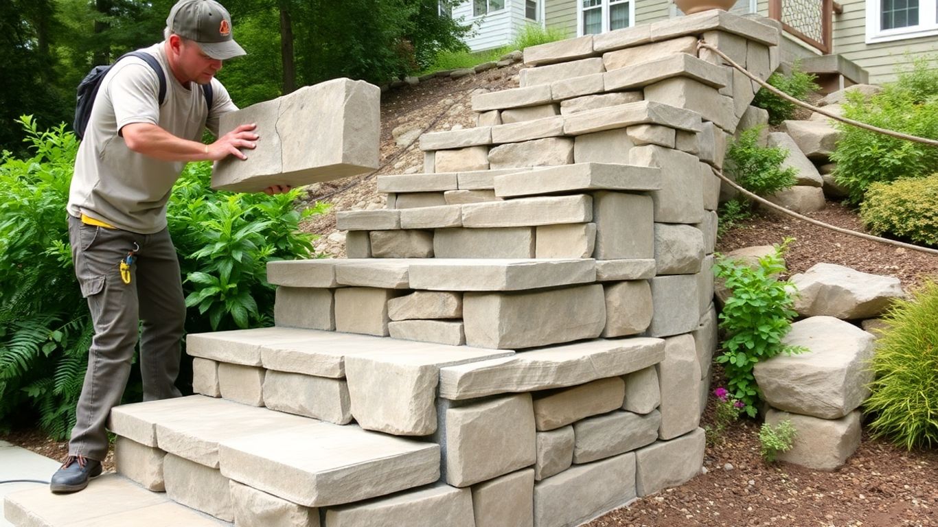 Stone steps being installed by a contractor in Bourne, MA.