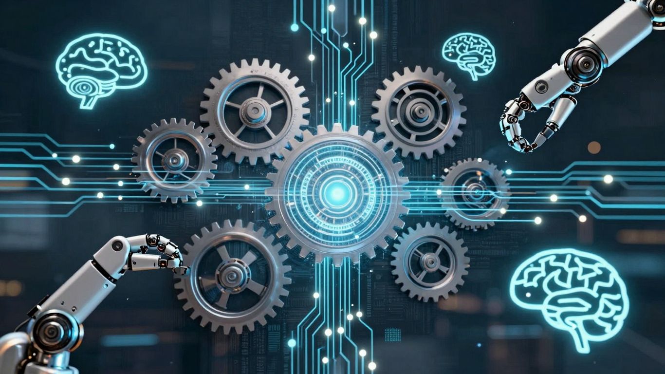 AI automation testing infographic with gears and circuits.