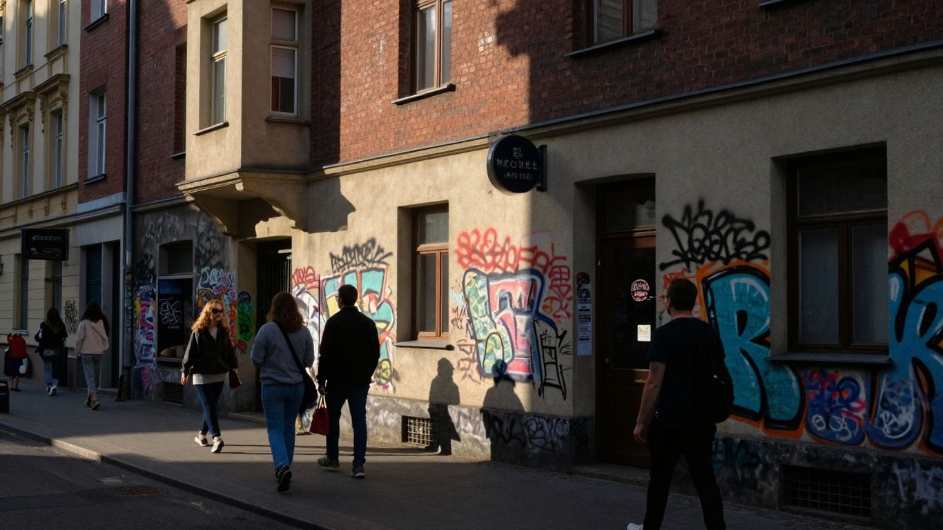 Günstige Hotels in Neukölln mit Graffiti und Menschen